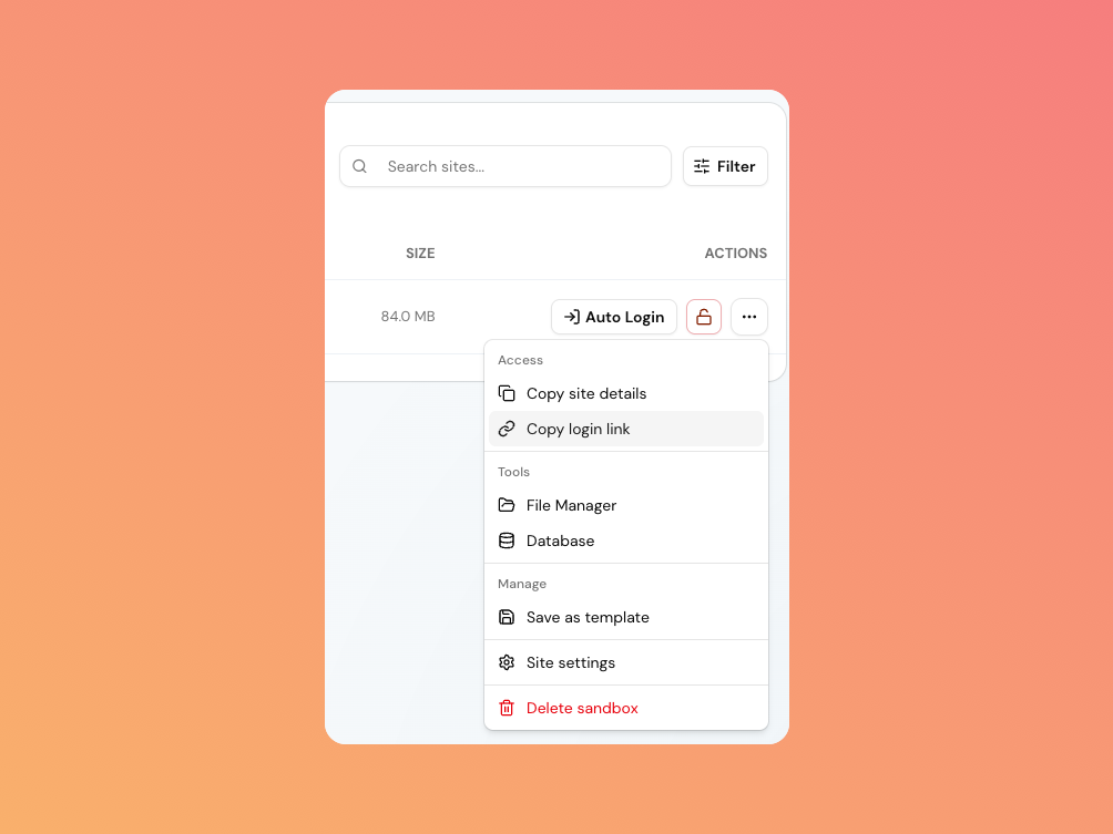 The sandbox actions menu with the Copy login link option highlighted