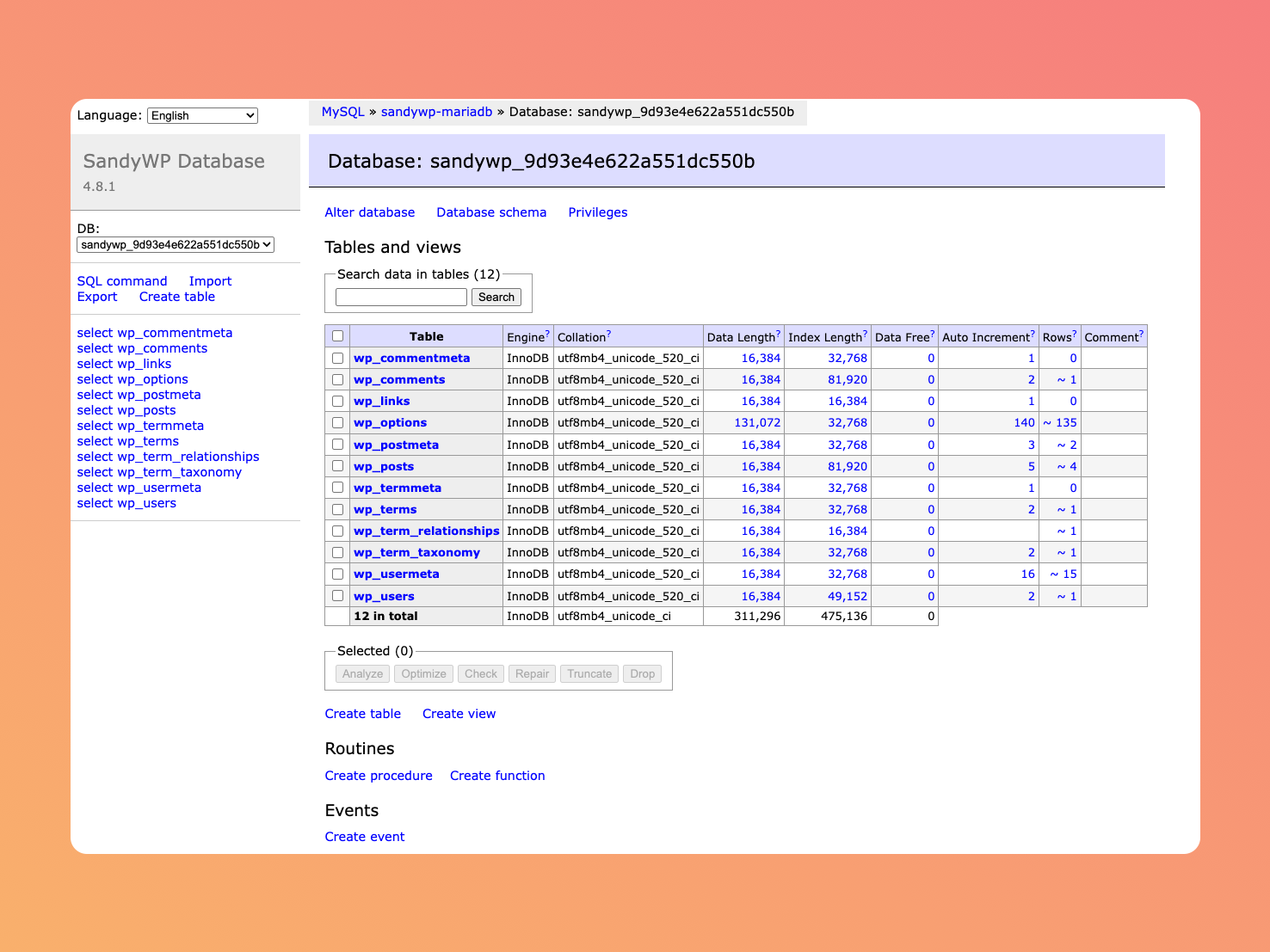 The Database manager for a sandbox