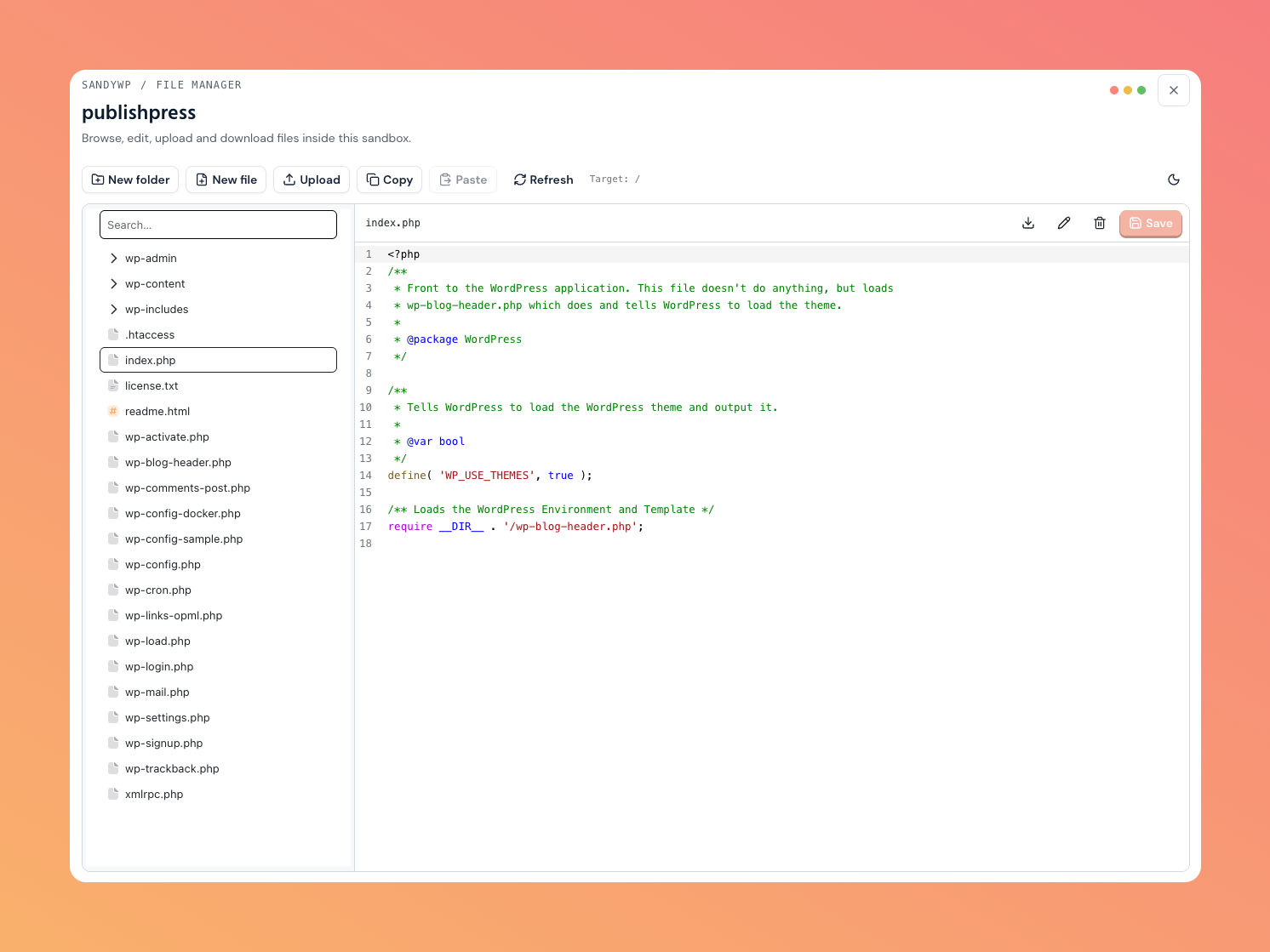 The File Manager file tree on the left and the code editor open on the right