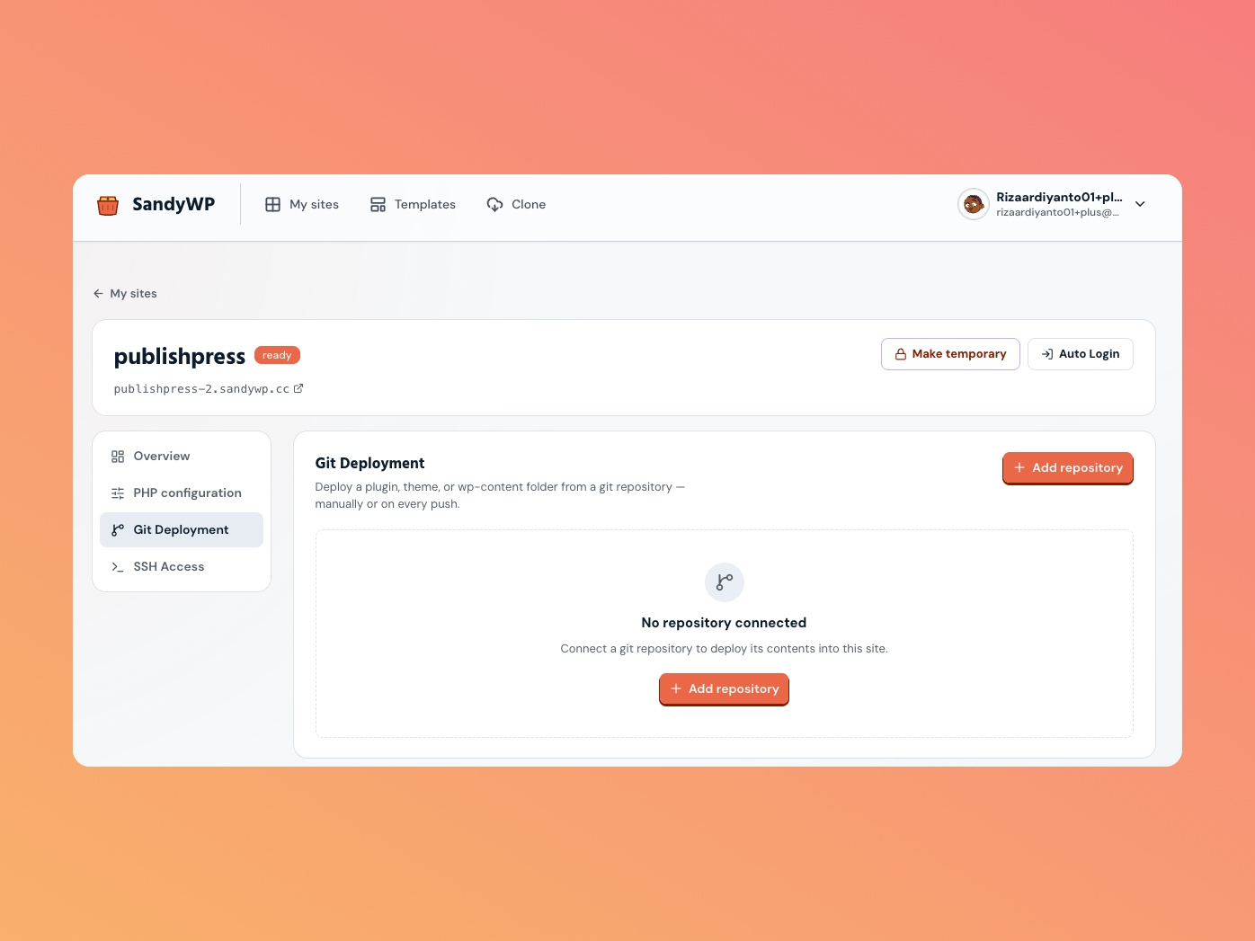 The Git Deployment panel on the sandbox detail page