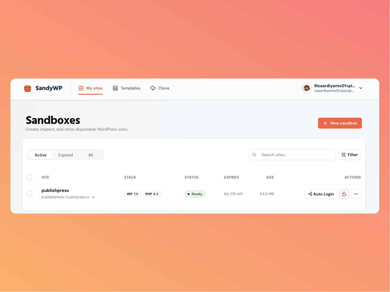 The Sandboxes dashboard showing a site’s stack, status, and expiry