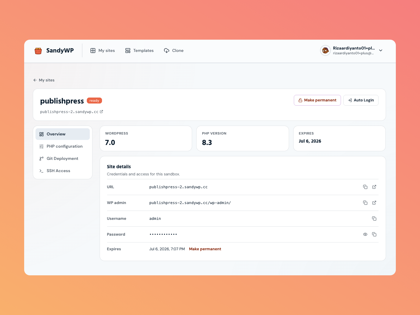 Sandbox detail page showing the site URL, WP admin link, username, password and Auto Login button